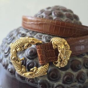 VTG Talbots Italy Croc Embossed Leather Belt Gold Alligator Buckle M